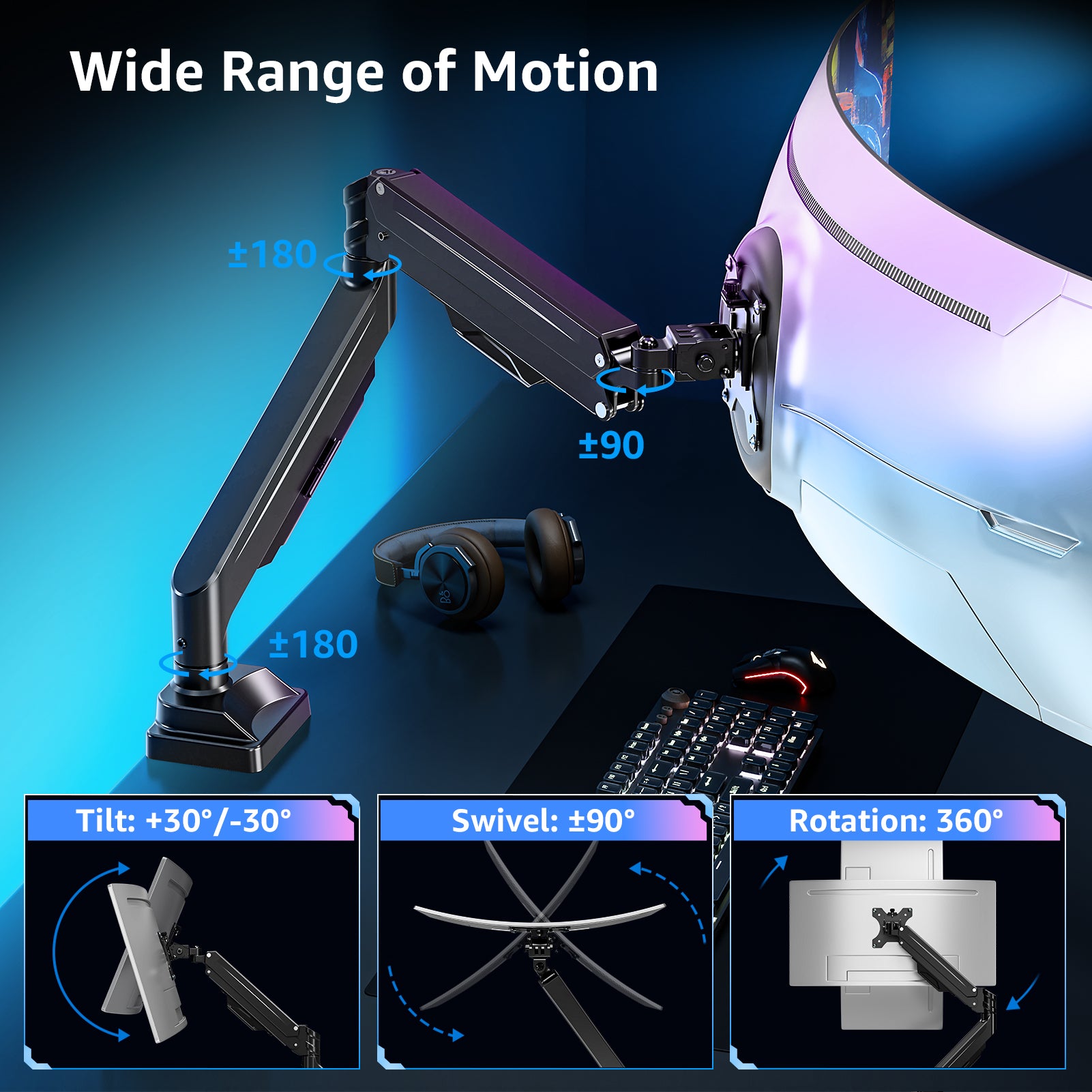 MOUNTUP Ultrawide Monitor Arm for 17-43 inch Curved Screen, Holds up to 33 lbs, Heavy Duty Monitor Desk Mount, Computer Monitors Stand for Samsung Odyssey G9 and More, VESA Mount 75/100 mm