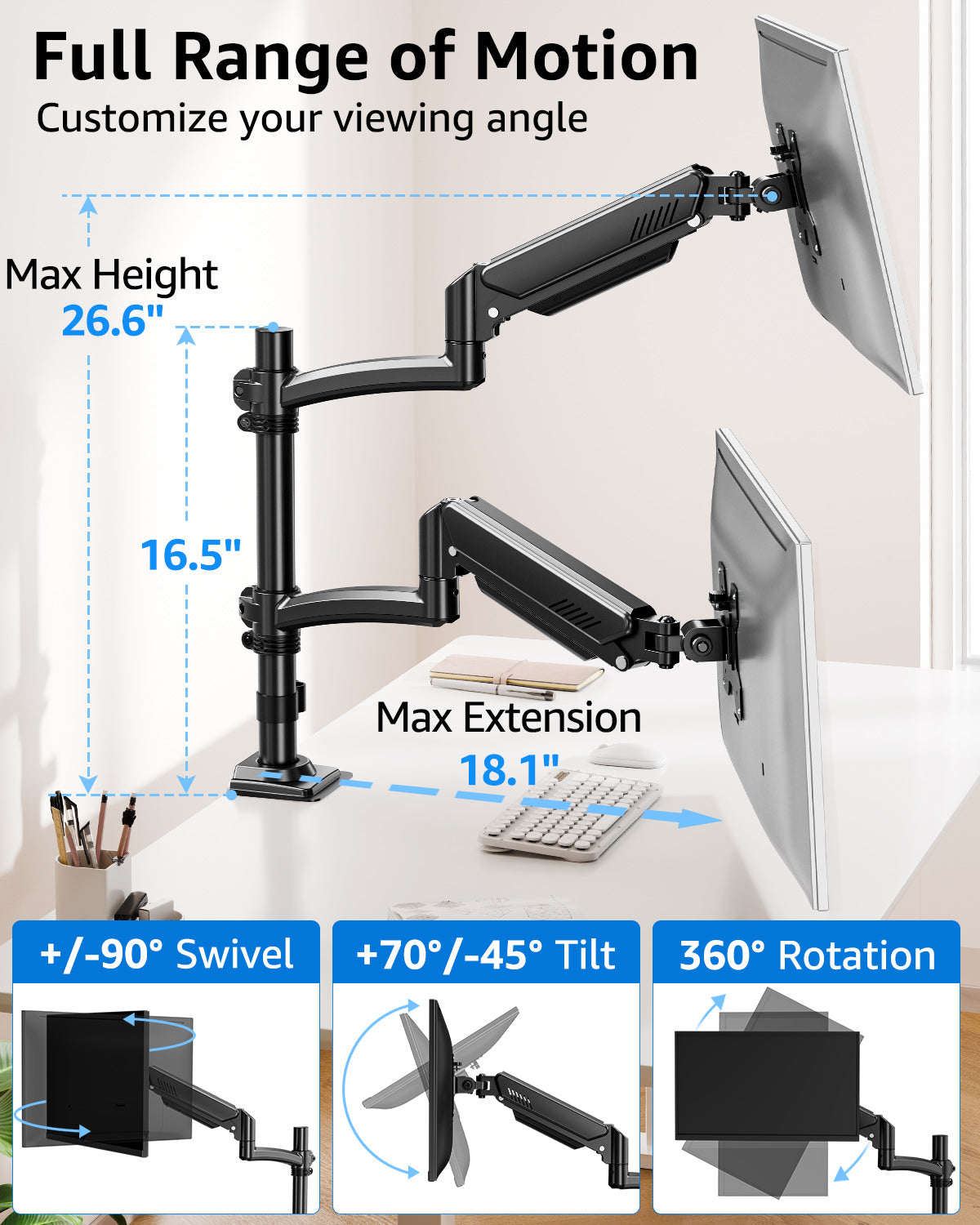 Dual Monitor Stand Holds 4.4-22 lbs Each, Dual Monitor Arm for 2 Monitors, Height Adjustable Computer Desk Mount for Max 32 inch Screens, VESA Mount with C-clamp & Grommet Base, Freelift Black-MU6016B