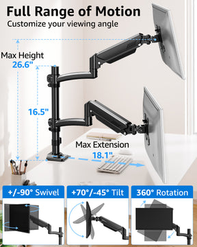 Dual Monitor Stand Holds 4.4-22 lbs Each, Dual Monitor Arm for 2 Monitors, Height Adjustable Computer Desk Mount for Max 32 inch Screens, VESA Mount with C-clamp & Grommet Base, Freelift Black-MU6016B