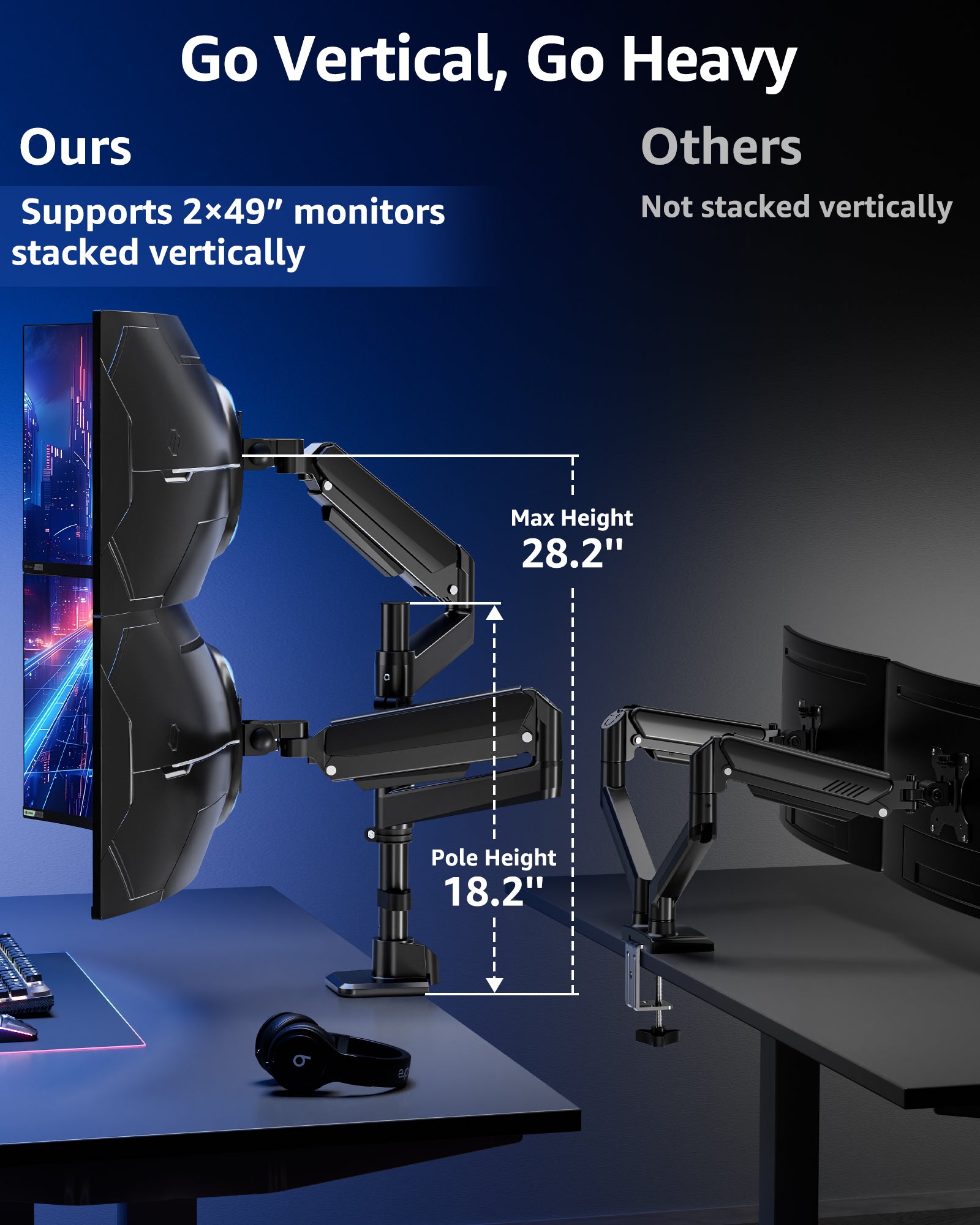 MOUNTUP Dual Monitor Stand for 49'' Curved Screen Stacking, Heavy Duty Dual Monitor Arm Holds 4.4 44 lbs, Vertical Stacked Monitors Desk Mount, Full Motion, Height Adjustable, VESA Mount 75/100