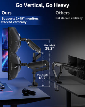 MOUNTUP Dual Monitor Stand for 49'' Curved Screen Stacking, Heavy Duty Dual Monitor Arm Holds 4.4 44 lbs, Vertical Stacked Monitors Desk Mount, Full Motion, Height Adjustable, VESA Mount 75/100