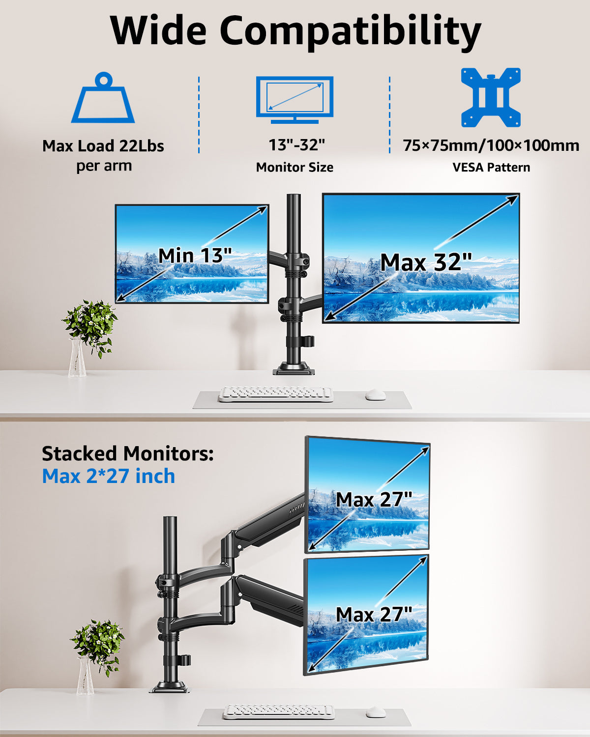 Dual Monitor Stand Holds 4.4-22 lbs Each, Dual Monitor Arm for 2 Monitors, Height Adjustable Computer Desk Mount for Max 32 inch Screens, VESA Mount with C-clamp & Grommet Base, Freelift Black-MU6016B
