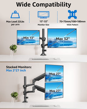Dual Monitor Stand Holds 4.4-22 lbs Each, Dual Monitor Arm for 2 Monitors, Height Adjustable Computer Desk Mount for Max 32 inch Screens, VESA Mount with C-clamp & Grommet Base, Freelift Black-MU6016B