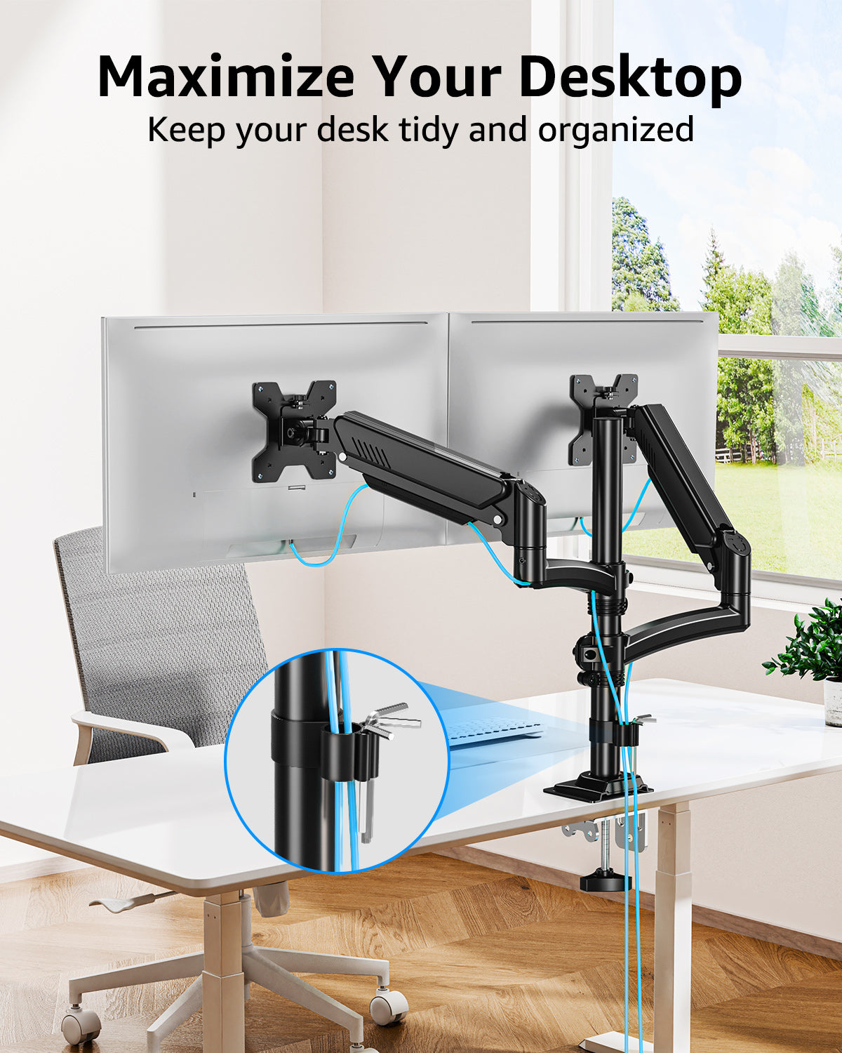 Dual Monitor Stand Holds 4.4-22 lbs Each, Dual Monitor Arm for 2 Monitors, Height Adjustable Computer Desk Mount for Max 32 inch Screens, VESA Mount with C-clamp & Grommet Base, Freelift Black-MU6016B