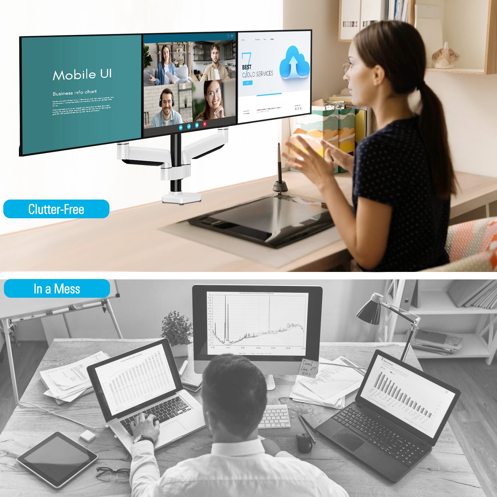 Full Motion Triple Monitor Desk Mount for Max 32'' Monitors MUA8003