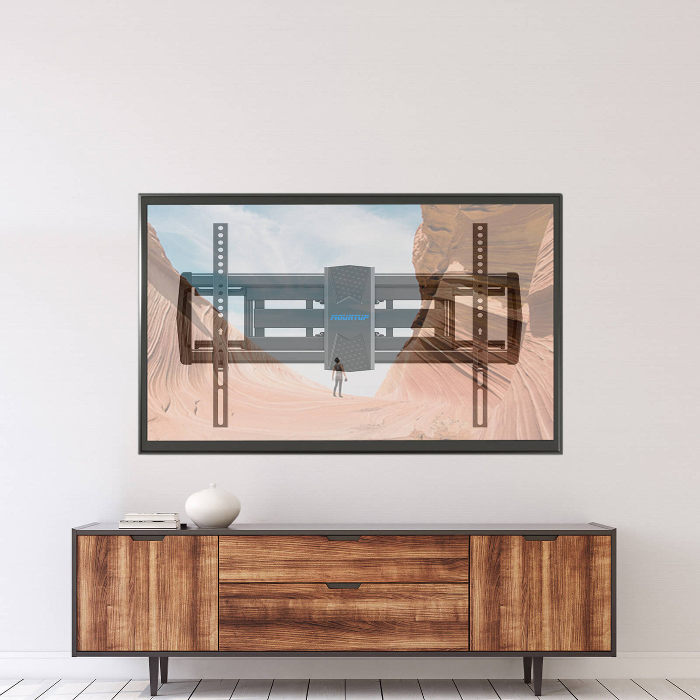 mountup tv wall mount above a wooden shelf