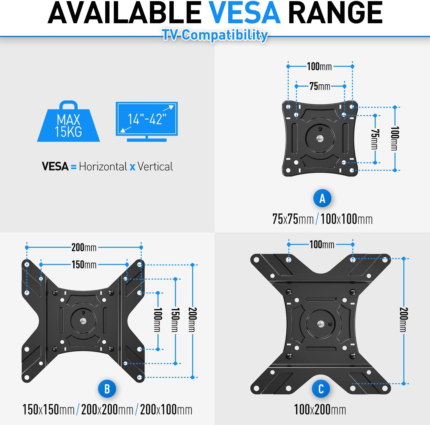 42 inch TV mount fits VESA from 75×75 mm to 200×200 mm