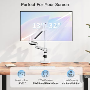 MOUNTUP Single Monitor Desk Mount, Monitor Mount for 13-32 inch, Long Arm Full-Motion Monitors Stand Holds Max 19.8lbs, Height Adjustable Gas Spring Monitors Arm with C-Clamp＆Grommet Base, White