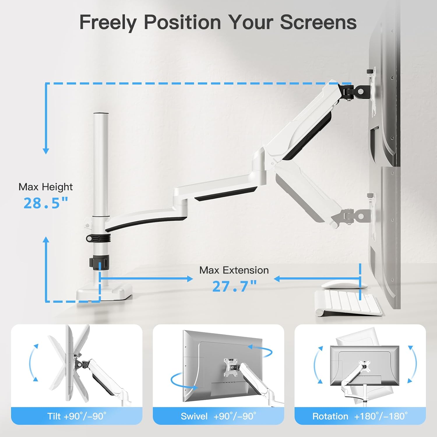 MOUNTUP Single Monitor Desk Mount, Monitor Mount for 13-32 inch, Long Arm Full-Motion Monitors Stand Holds Max 19.8lbs, Height Adjustable Gas Spring Monitors Arm with C-Clamp＆Grommet Base, White