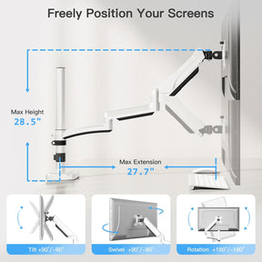 MOUNTUP Single Monitor Desk Mount, Monitor Mount for 13-32 inch, Long Arm Full-Motion Monitors Stand Holds Max 19.8lbs, Height Adjustable Gas Spring Monitors Arm with C-Clamp＆Grommet Base, White