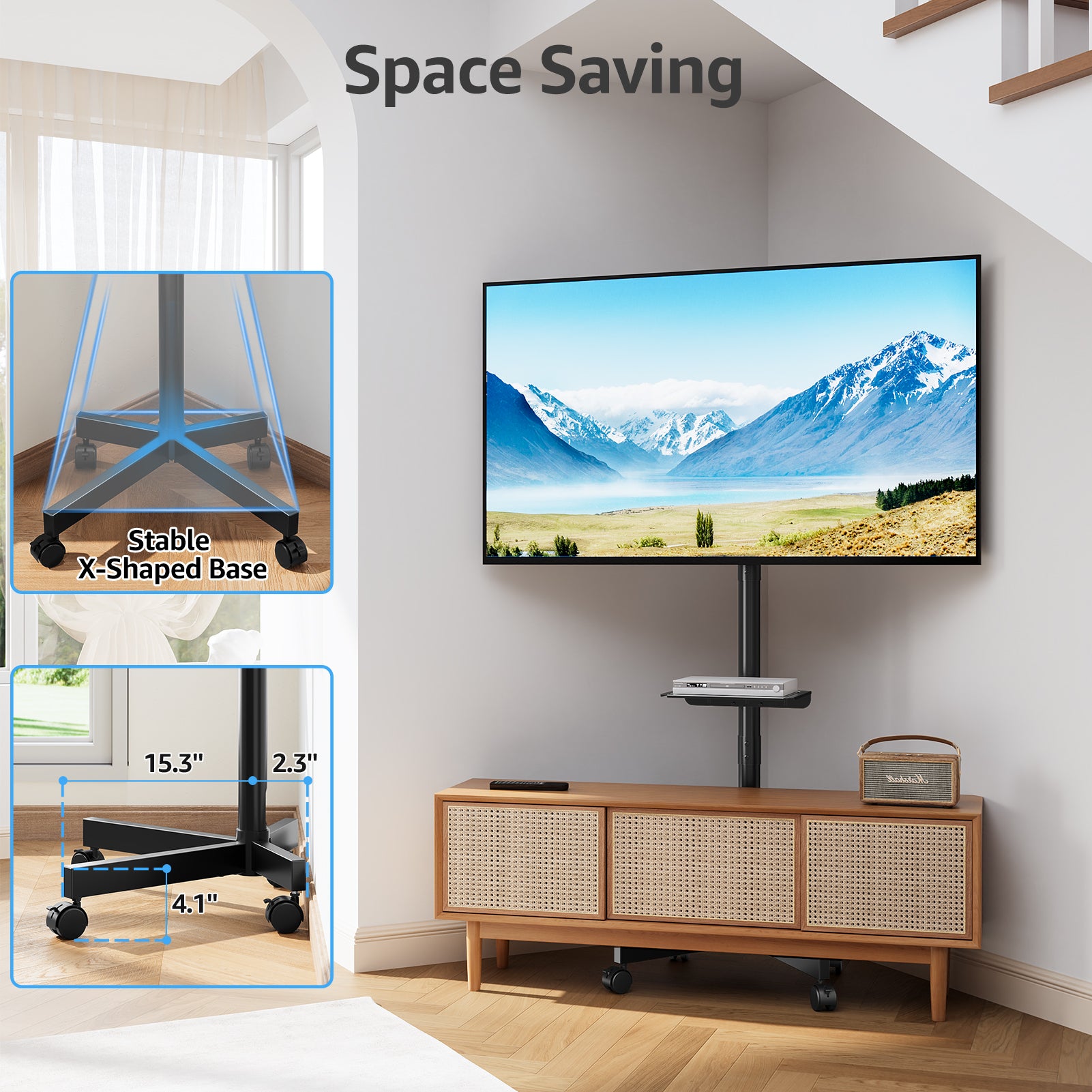 MOUNTUP Rolling TV Stand Mobile TV Cart for 23-60” TVs, Portable TV Floor Stand with Wheels for 27 32 43 50 55 inch Flat/Curved TVs, Height Adjustable, Tilting Mount, Max VESA 400x400mm, MU1117