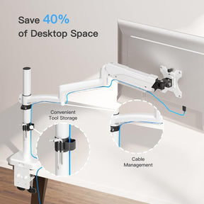 MOUNTUP Single Monitor Desk Mount, Monitor Mount for 13-32 inch, Long Arm Full-Motion Monitors Stand Holds Max 19.8lbs, Height Adjustable Gas Spring Monitors Arm with C-Clamp＆Grommet Base, White