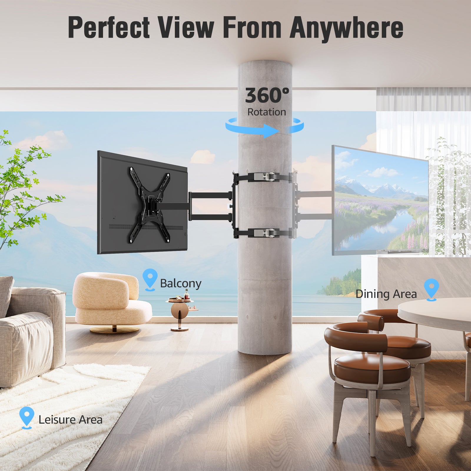 MOUNTUP Pillar TV Mount for 26"-60" TVs, Full Motion Strap-On Post Mount for Round & Square Columns, Swivel Tilt Level, No-Drill Design, Max VESA 400x400mm, Holds 77 lbs, Black MU0084