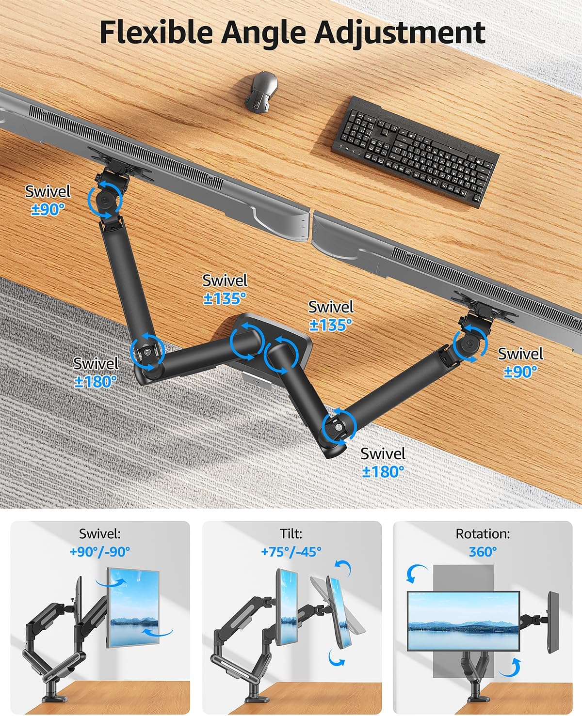 MOUNTUP Dual Monitor Mount Holds for 4.4-26.5lbs, Full-motion Monitors Stand Max 39 inch, Gas Spring Monitor Stand for 2 Monitor, Height Adjustable Monitors Desk Mount with C-Clamp＆Grommet Base