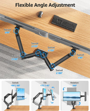 MOUNTUP Dual Monitor Mount Holds for 4.4-26.5lbs, Full-motion Monitors Stand Max 39 inch, Gas Spring Monitor Stand for 2 Monitor, Height Adjustable Monitors Desk Mount with C-Clamp＆Grommet Base