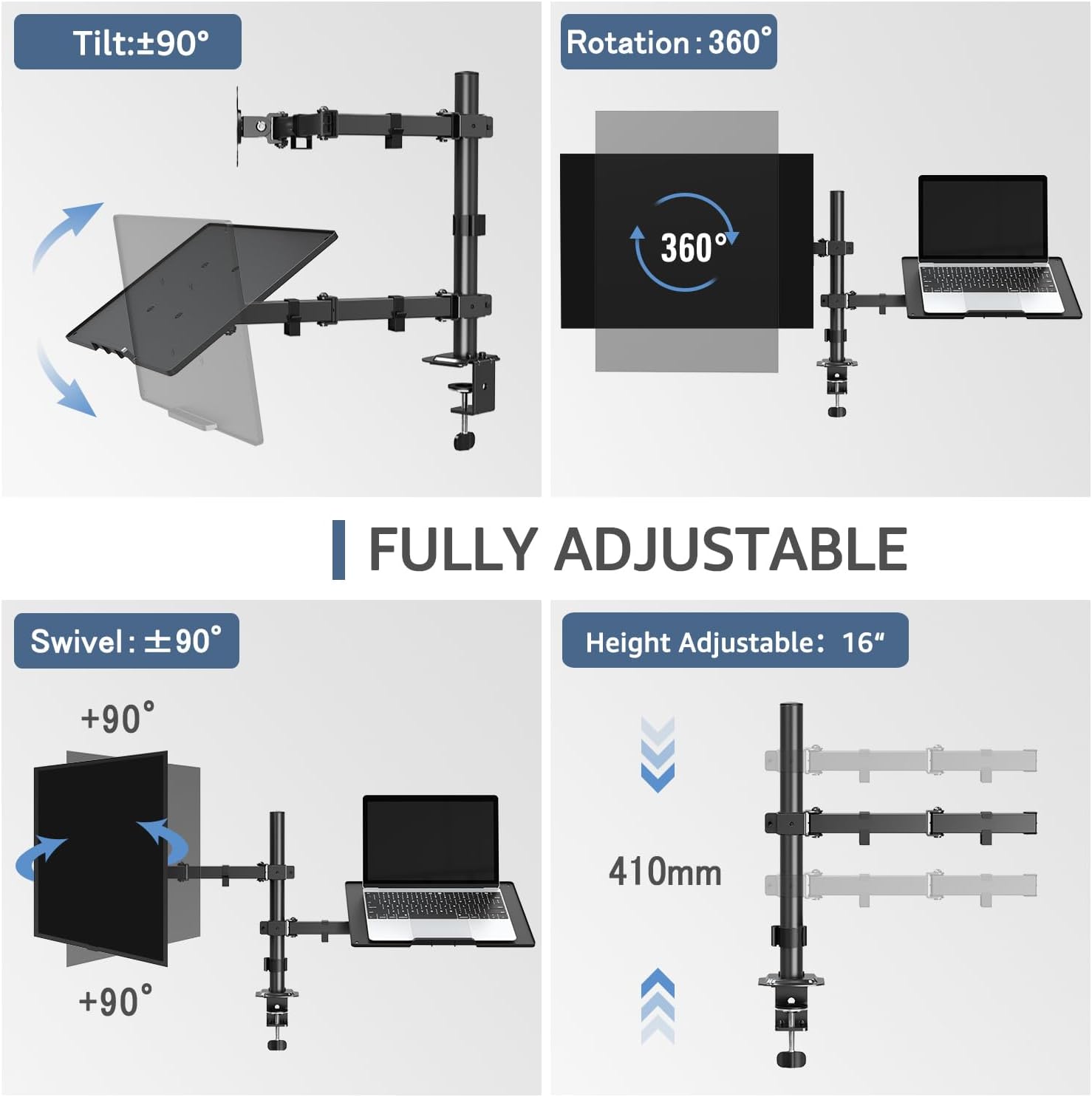 Monitor Mount with Laptop Tray for 13''-27'' Monitors Laptop Mount for Max 17" Notebook