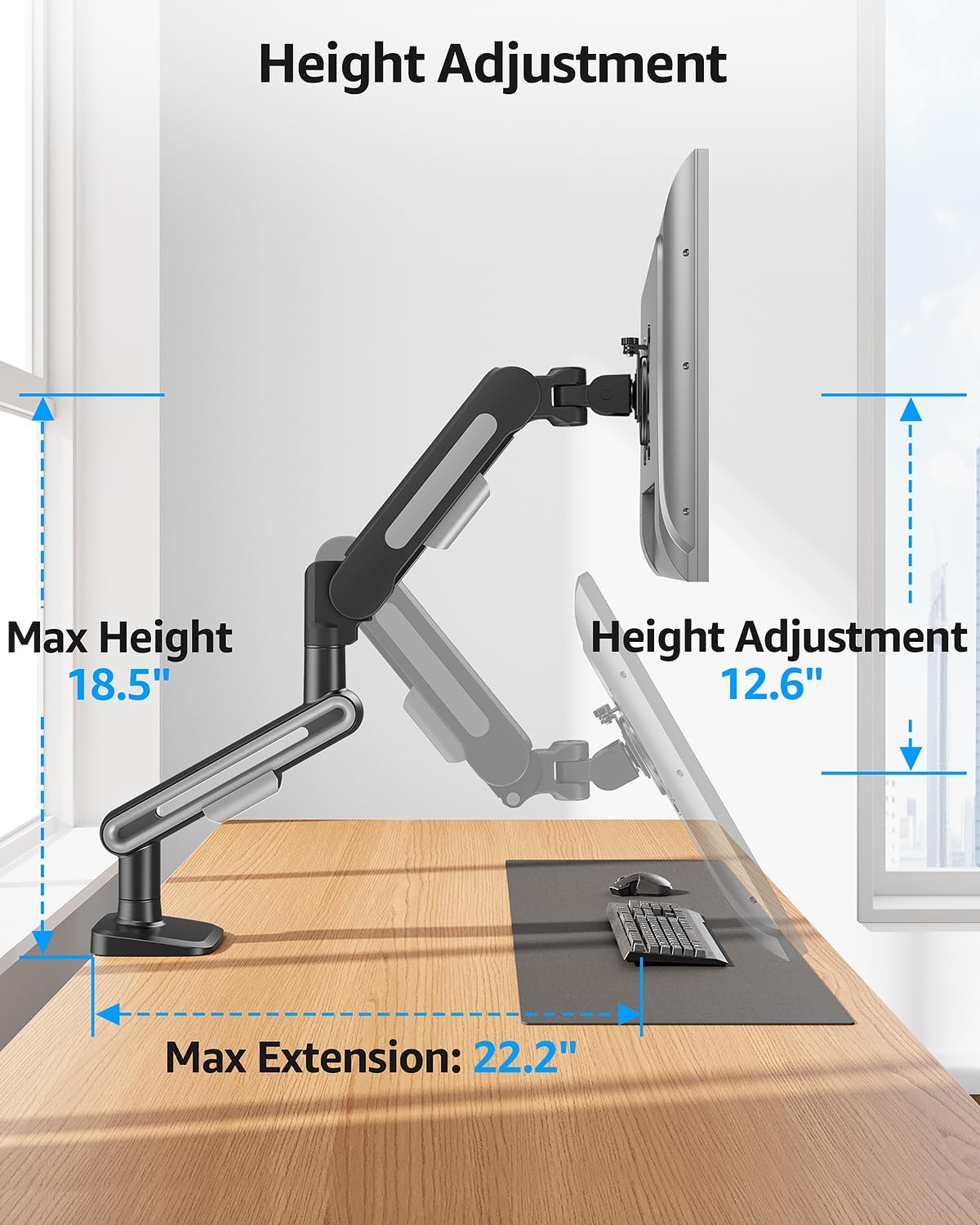 MOUNTUP Single Monitor Desk Mount Holds Max 26.5lbs, Monitor Mount for 13-34 inch, Full-Motion Monitors Stand, Height Adjustable Gas Spring Monitors Arm with C-Clamp＆Grommet Base