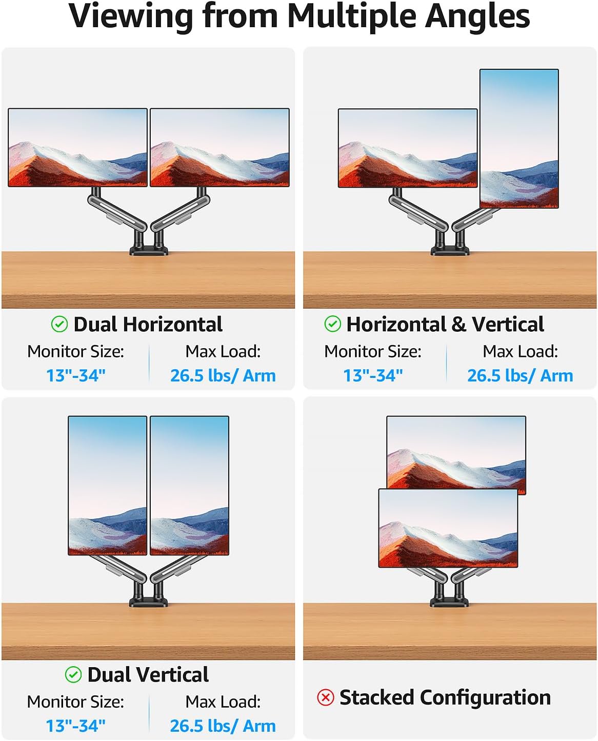 MOUNTUP Dual Monitor Mount Holds for 4.4-26.5lbs, Full-motion Monitors Stand Max 39 inch, Gas Spring Monitor Stand for 2 Monitor, Height Adjustable Monitors Desk Mount with C-Clamp＆Grommet Base