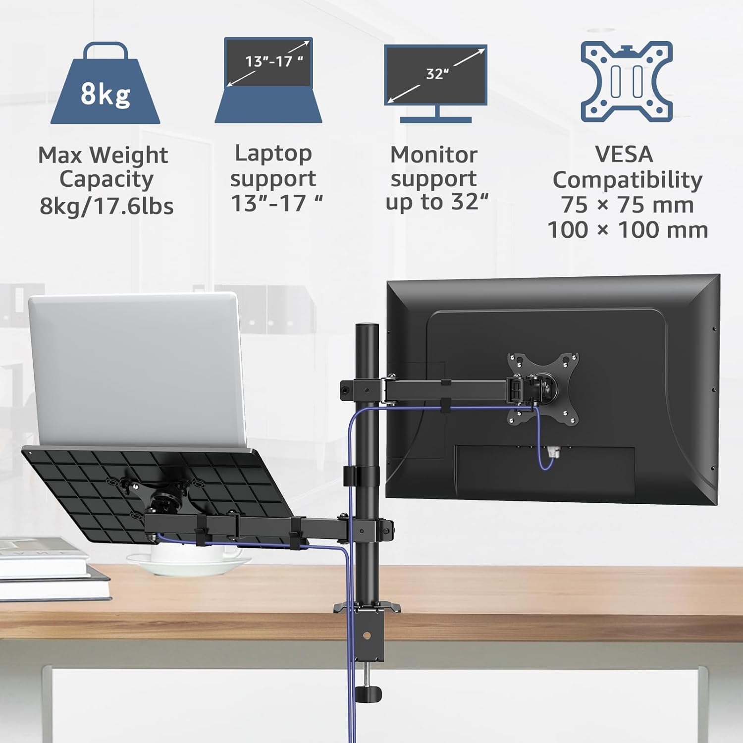 Monitor Mount with Laptop Tray for 13''-27'' Monitors Laptop Mount for Max 17" Notebook