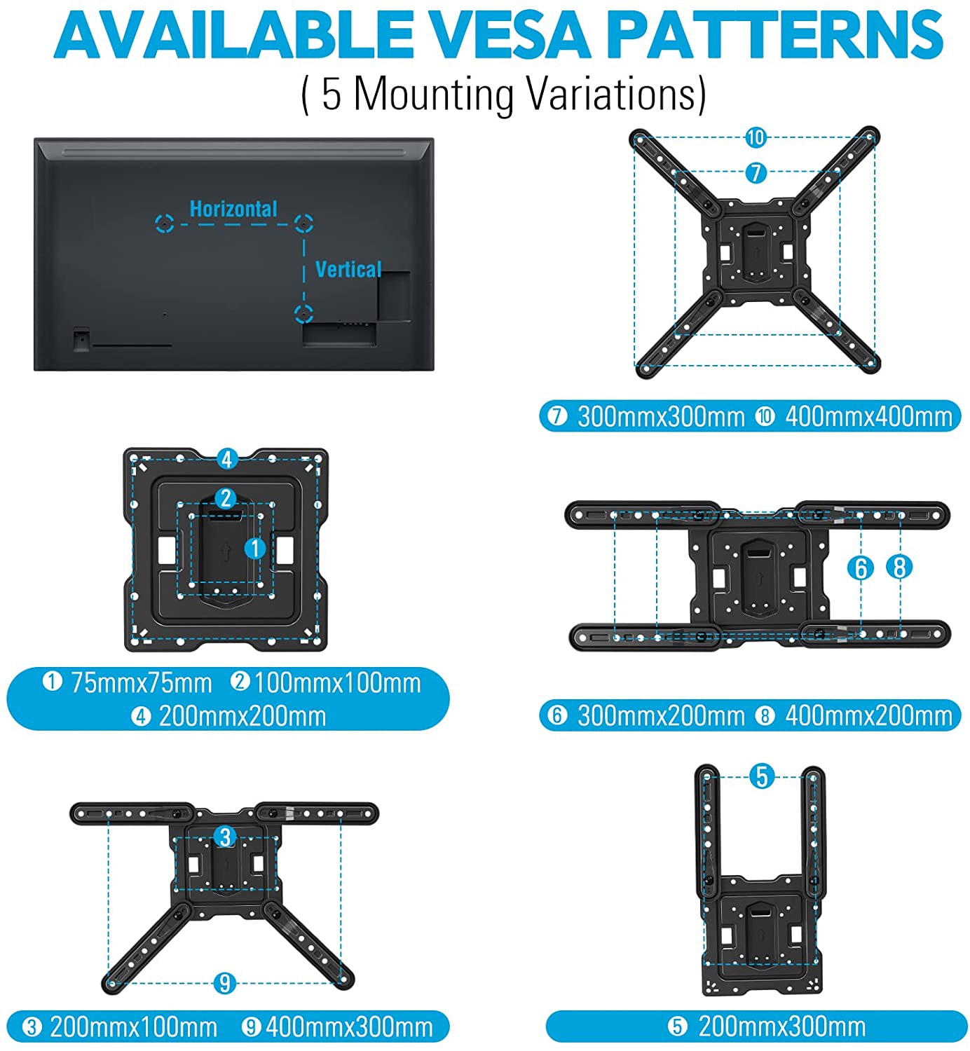 55 inch TV wall mount fits VESA hole patterns from 75×75 mm to 400×400 mm