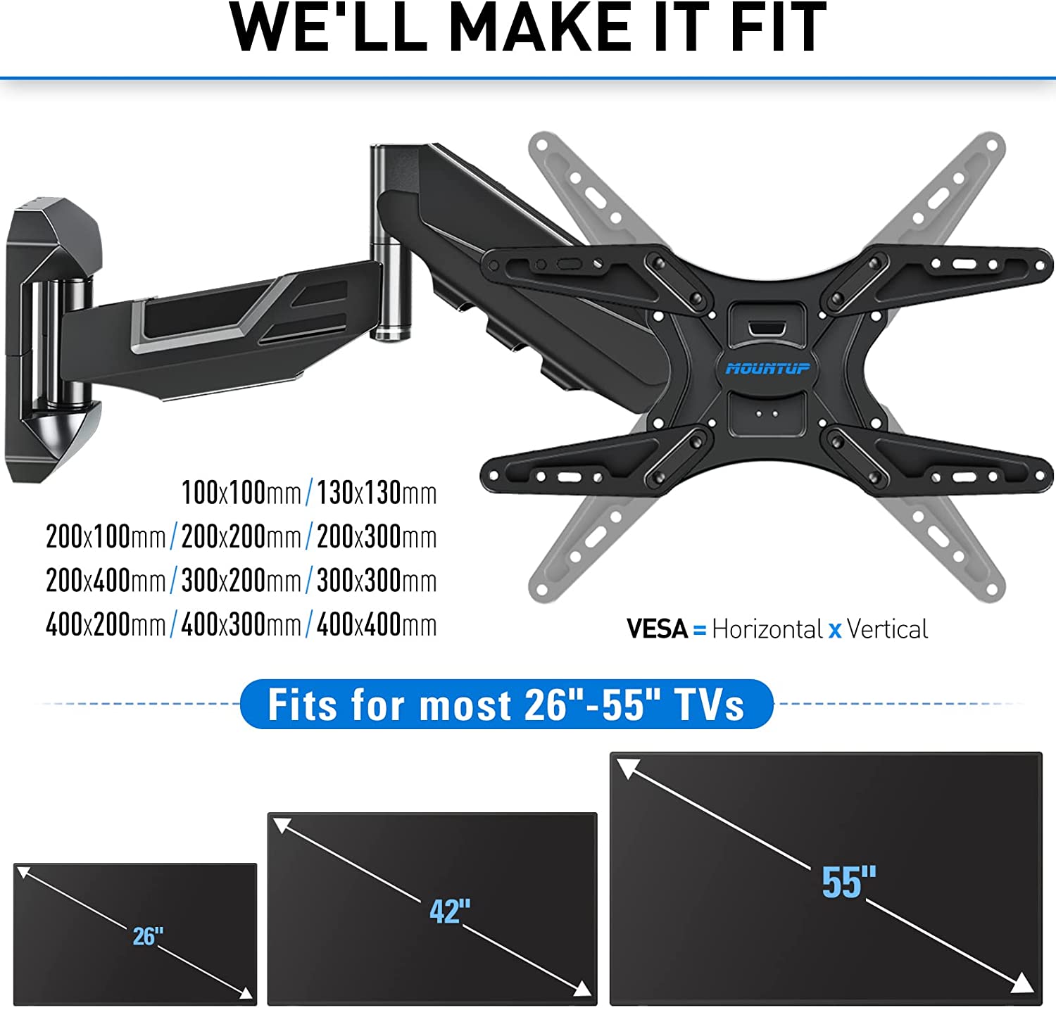 55 inch TV mount fits VESA from 100×100 to 400×400