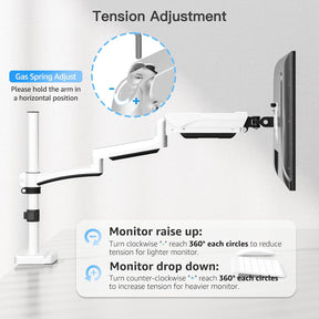 MOUNTUP Single Monitor Desk Mount, Monitor Mount for 13-32 inch, Long Arm Full-Motion Monitors Stand Holds Max 19.8lbs, Height Adjustable Gas Spring Monitors Arm with C-Clamp＆Grommet Base, White