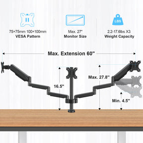 3 monitor stand fits max 27'' monitors loading up to 17.6 lbs.