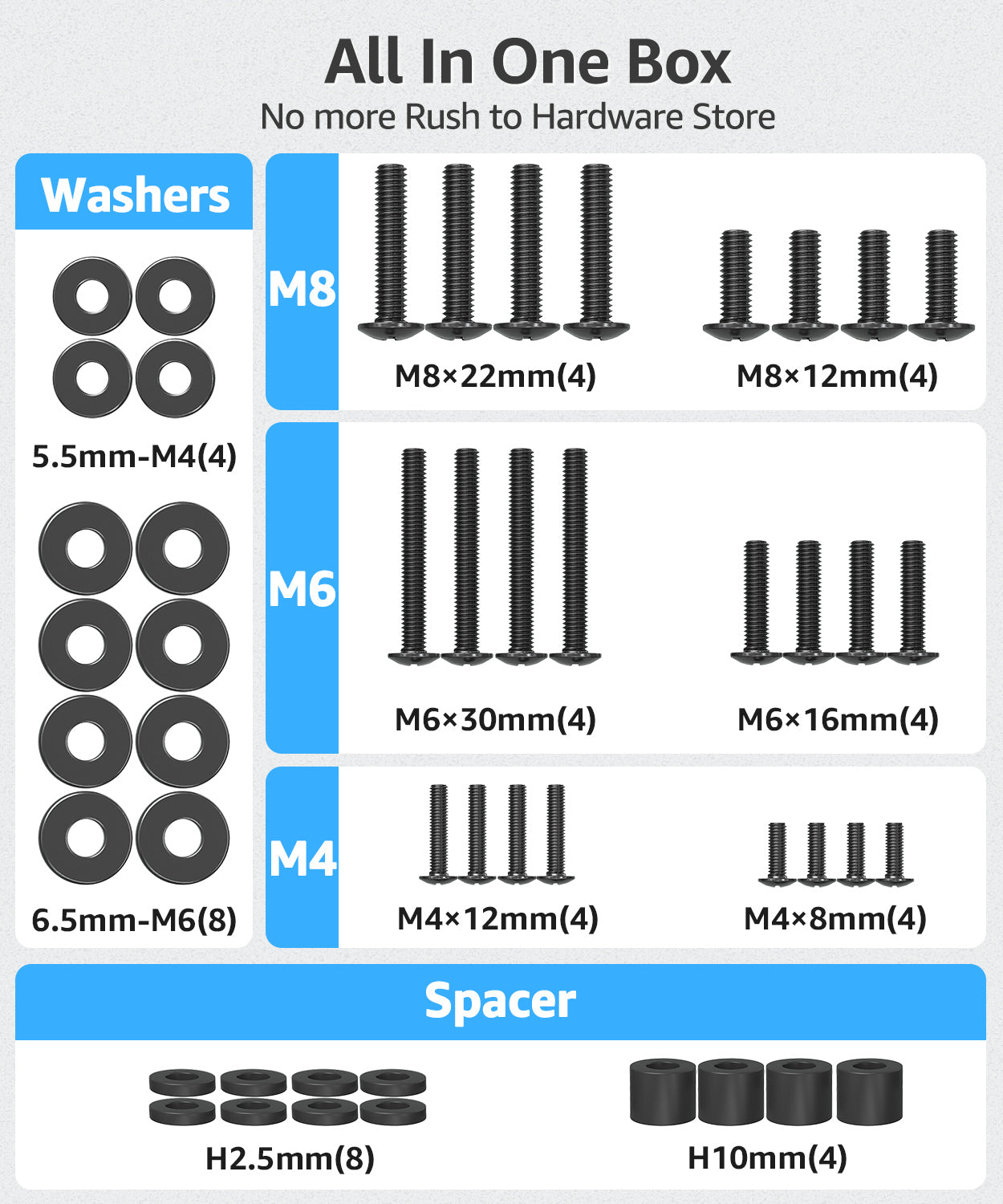 MOUNTUP Universal TV Mounting Hardware Screw Kit with Box - M4 M6 M8 Screws, Spacers & Washers for Most LED LCD OLED 4K TVs, Replacement Screws for TVs/Monitor Mounting, MU9041