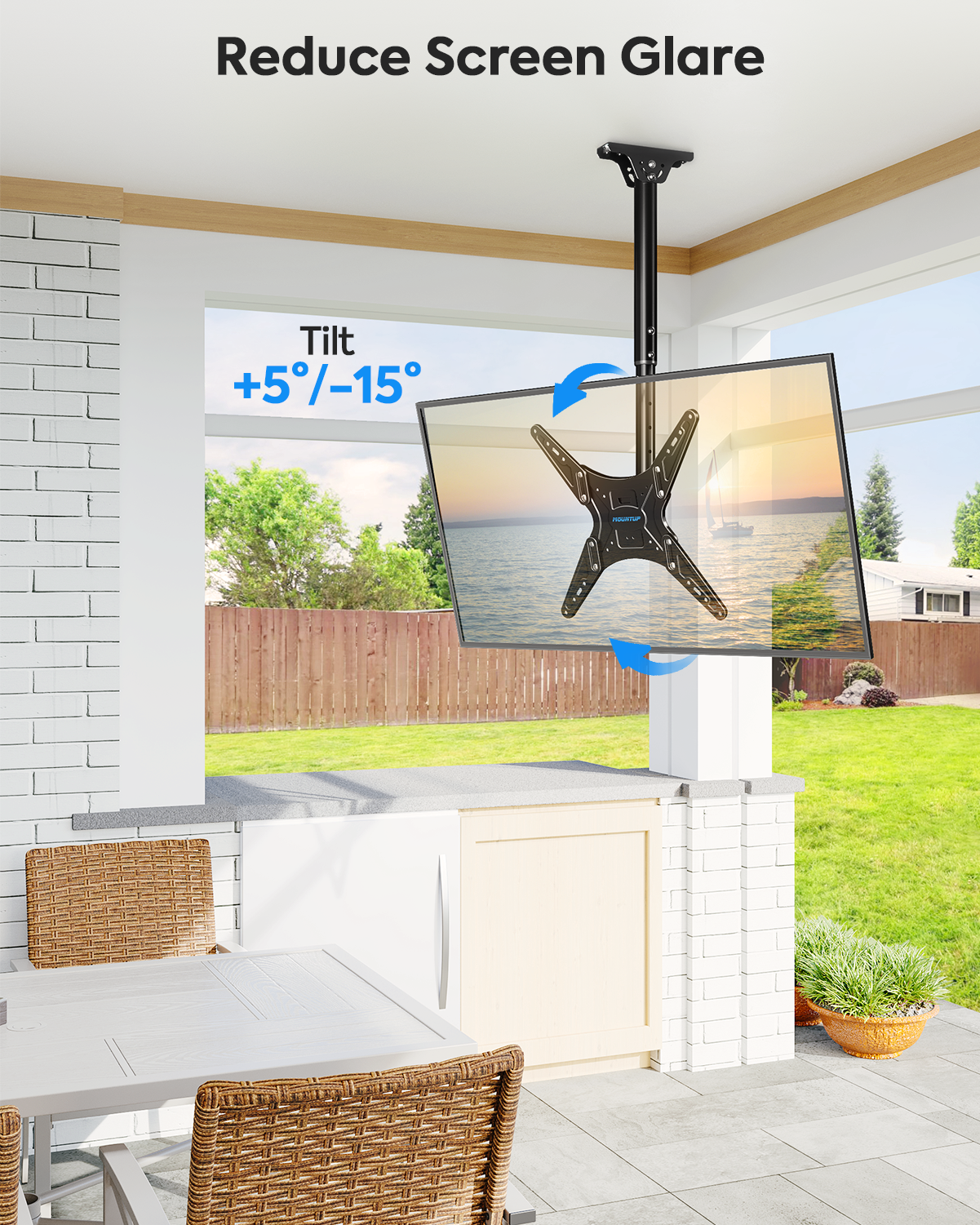 MOUNTUP Outdoor Ceiling TV Mount for 26"-65" TVs, Waterproof & Rustproof Outside Ceiling Mount with Stainless Steel Hardware, Heavy Duty 99lbs Full Motion Bracket for Patio/Gazebo, Max VESA 400x400m