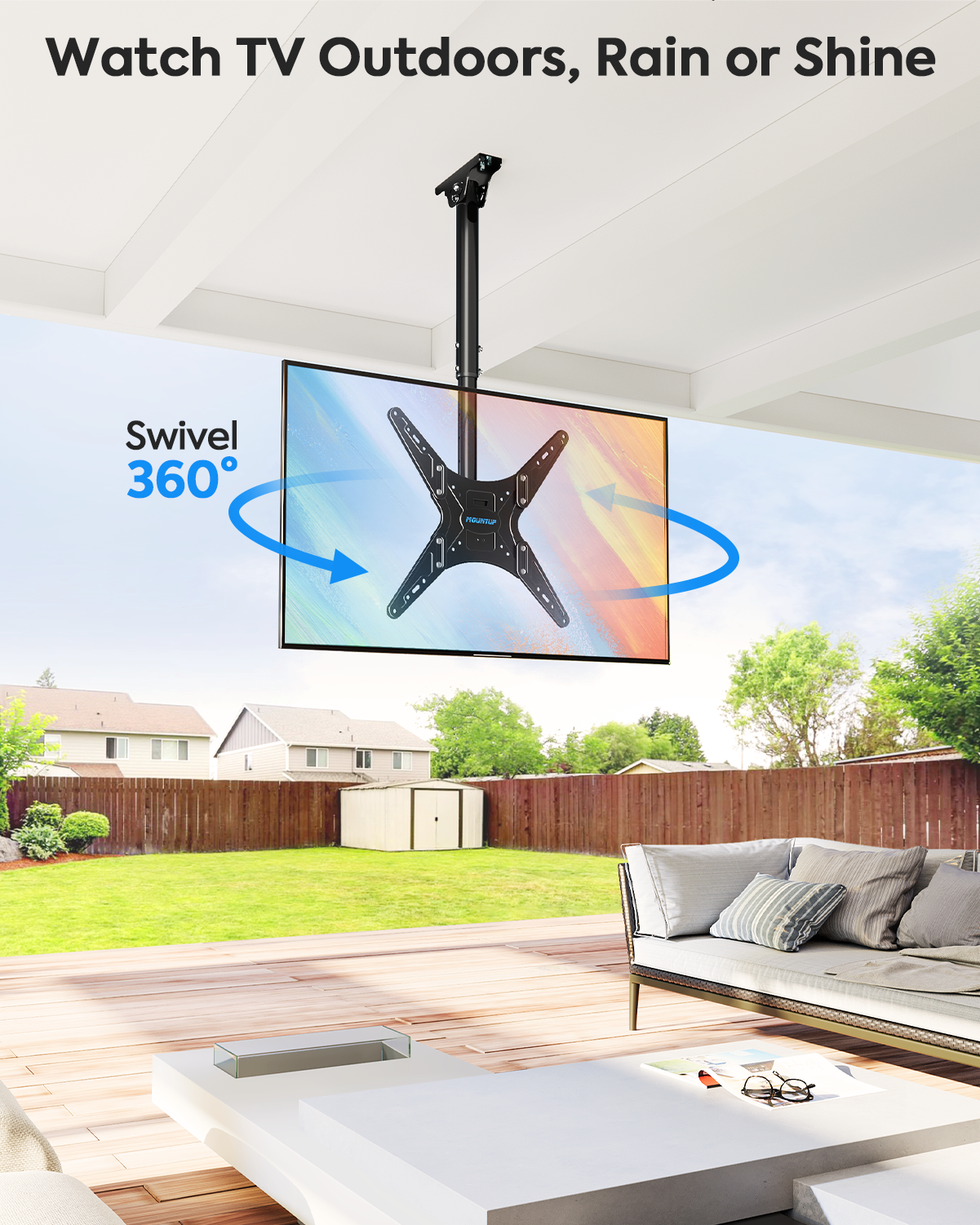 MOUNTUP Outdoor Ceiling TV Mount for 26"-65" TVs, Waterproof & Rustproof Outside Ceiling Mount with Stainless Steel Hardware, Heavy Duty 99lbs Full Motion Bracket for Patio/Gazebo, Max VESA 400x400m