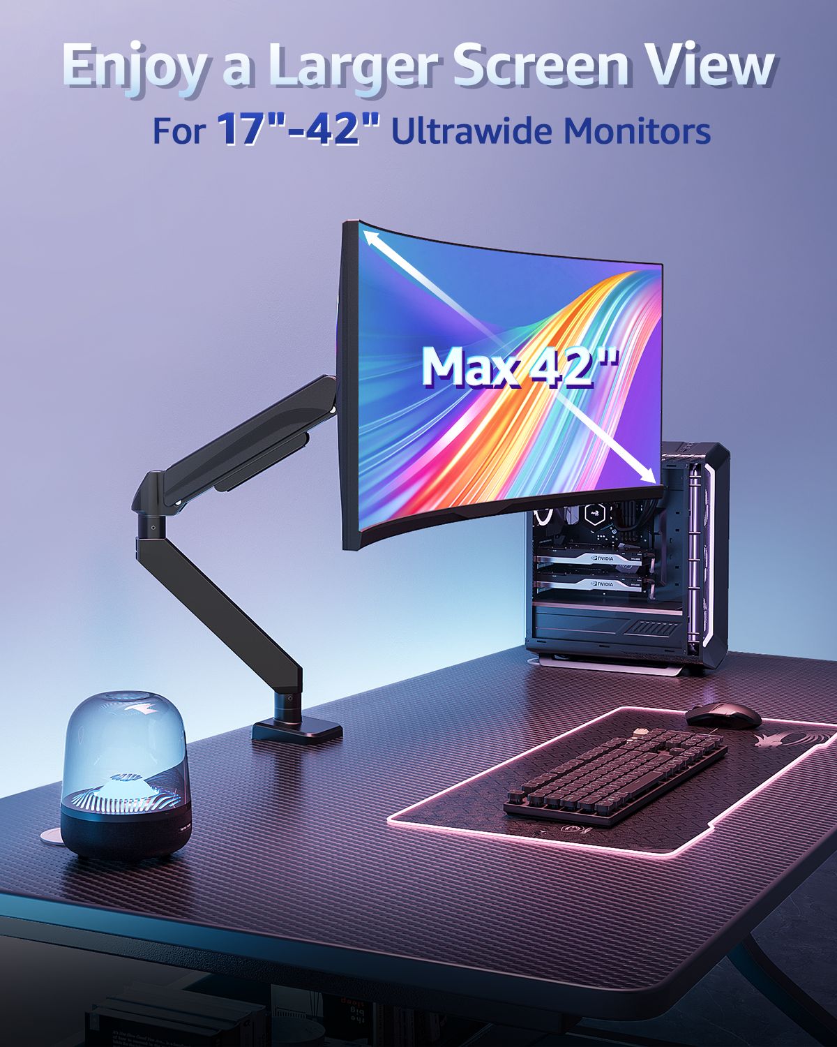 MOUNTUP Heavy Duty Single Monitor Arm Holds up to 33lbs, Monitor Stand for Desk for Max 42 Inch Screens, Height Adjustable Gas Spring Ultrawide Monitors Mount with C-Clamp & Grommet Base